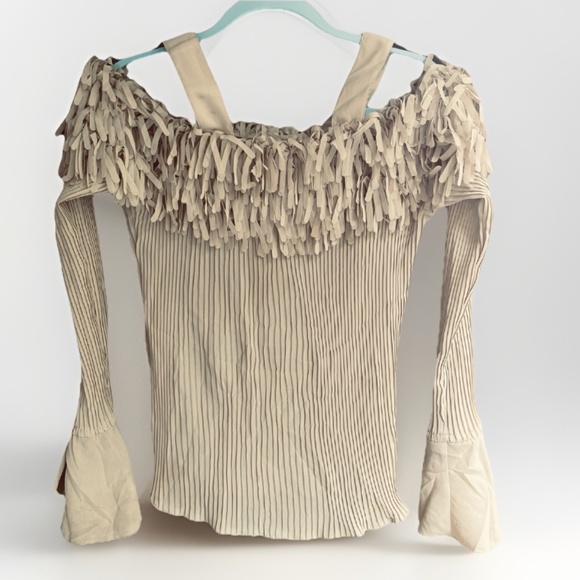 VTG 90s Kaelyn Max Womens Fringe Bell Sleeve Top Beige Cold Shoulder Fairy XL - Picture 1 of 10